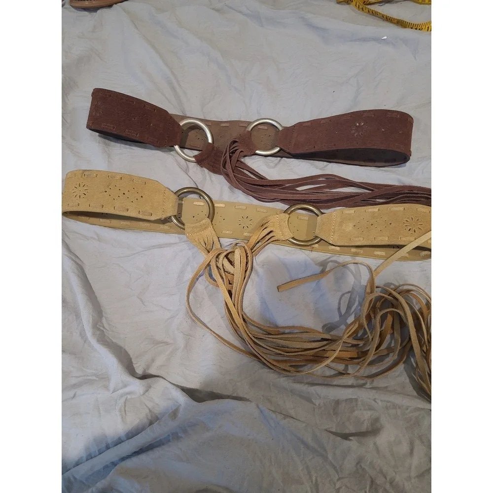 Boho Belt Lot of 2 women SZ M/L Festival Western fringe ties metal leather‎